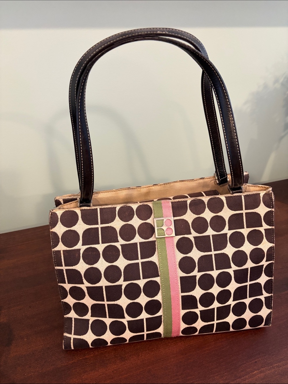 Women’s Brown and Cream Geometric Tote with Pink & Green Stripe
